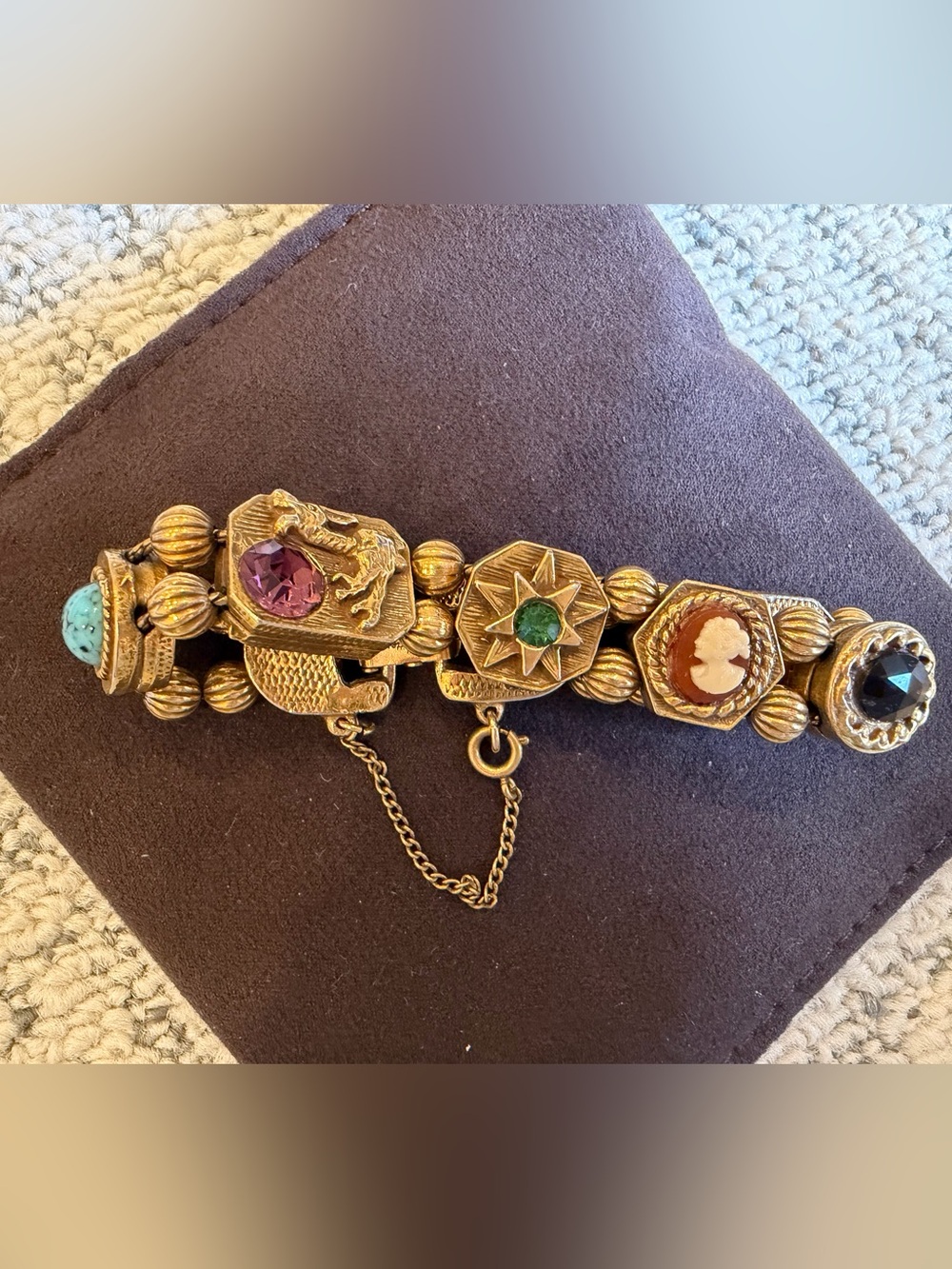 Vintage Goldette NY Sliding Charm Multistone Statement Bracelet Circa 1960’s EUC